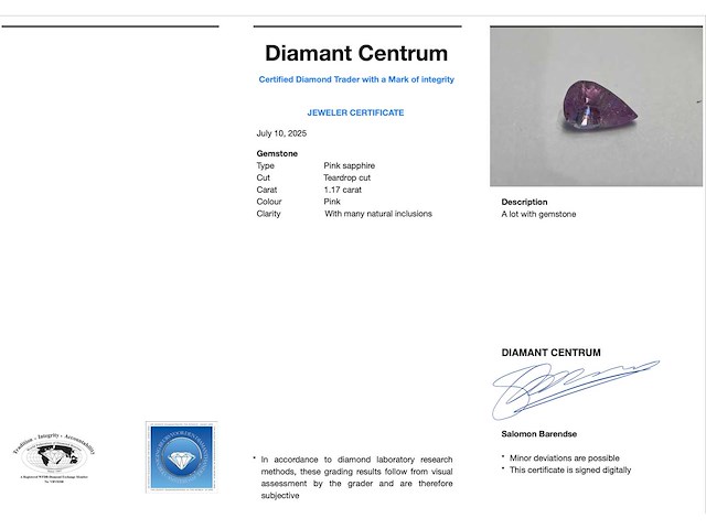 Roze saffier 1.17 carat echte natuurlijke roze saffier - afbeelding 3 van  4