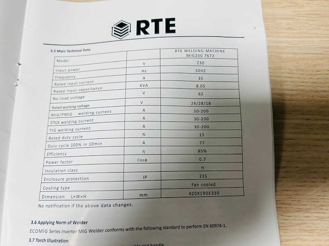 Rte - 2025 - mig200 7672 - mig lasapparaat 200a - afbeelding 2 van  3