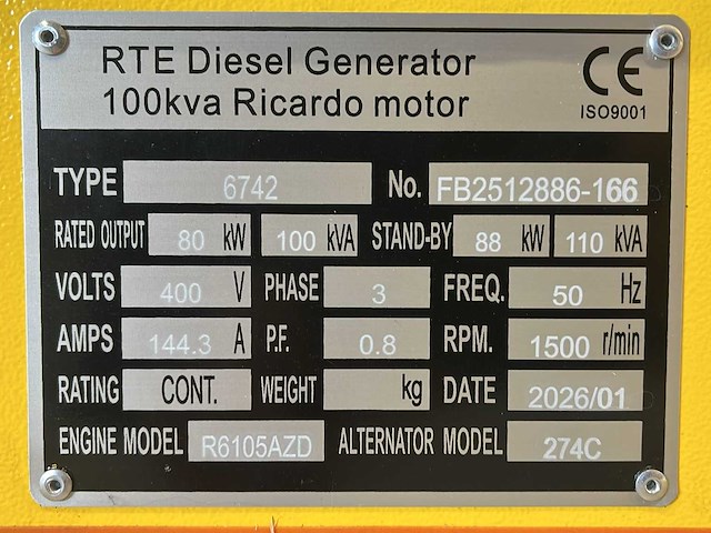 Rte - 2026 - 6742 - 100 kva noodstroomaggregaat 400v - afbeelding 10 van  27