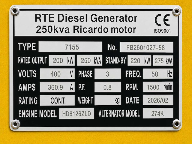 Rte - 2026 - 7155 - 250 kva noodstroomaggregaat 400v - afbeelding 2 van  3