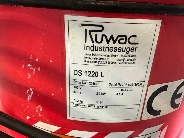 Ruwac ds 1220 l industriële stofzuiger - afbeelding 7 van  15