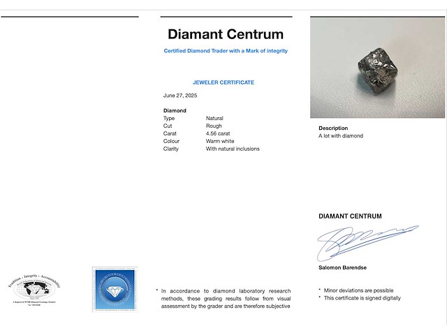 Ruwe diamant oktaeder vorm 4.56 carat - afbeelding 3 van  4