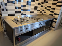 Rvs horeca kook-/frituurunit met dubbele friteuse en inductiekookplaat, beuk horeca