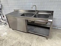 Rvs spoelwerktafel met dubbele spoelbak 2 x schuifdeur en onderschap en 1 mengkraan - afbeelding 5 van  8