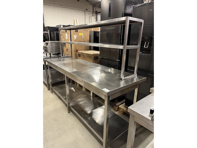 Rvs werktafel 220x70x89 cm met etagère 2-laags - afbeelding 1 van  5
