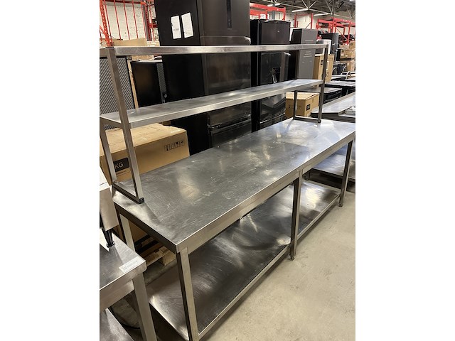 Rvs werktafel 220x70x89 cm met etagère 2-laags - afbeelding 2 van  5