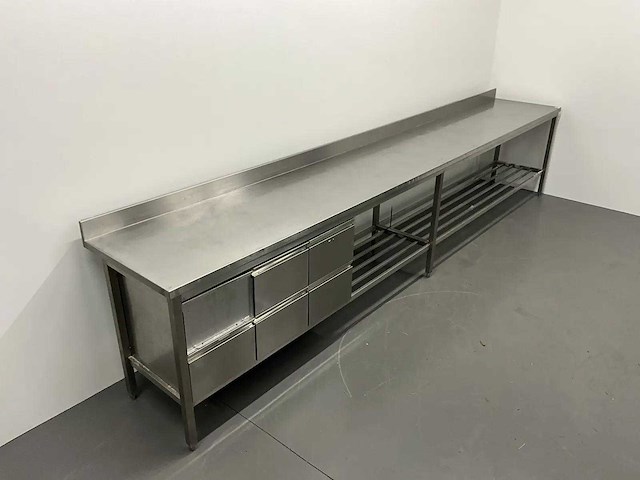 Rvs werktafel met spatrand en lades (450 cm) - afbeelding 2 van  9