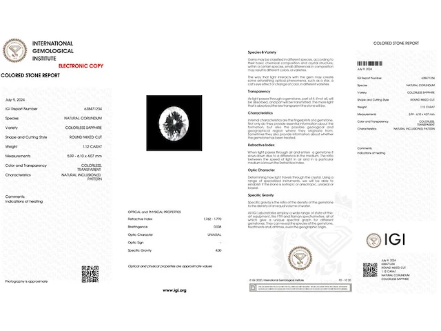Saffier - 1.12 carat echte natuurlijke witte briljant (gecertificeerd) - afbeelding 3 van  6