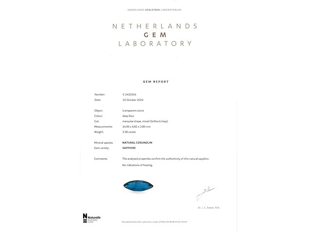 Saffier - natuurlijke saffier in gewilde marquise vorm met nel certificaat 3.38 carat - afbeelding 3 van  5