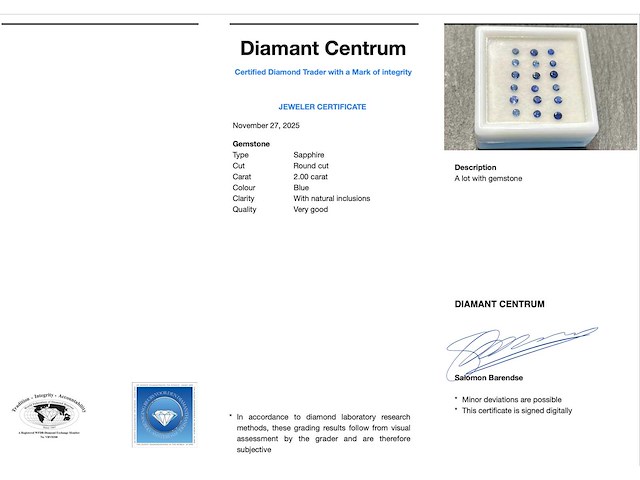 Saffier 2.00 carat natuurlijke ronde saffieren van hoge kwaliteit - afbeelding 1 van  1