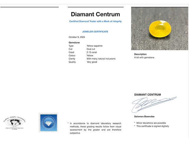 Saffier 2.13 carat natuurlijke gele saffier - afbeelding 3 van  4