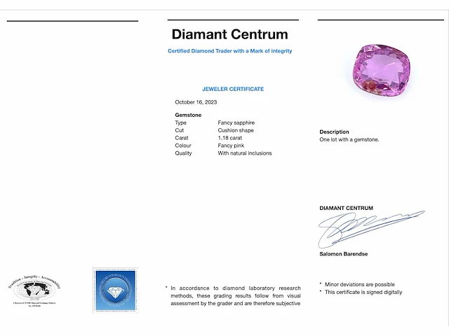 Saffier fancy pink 1.18 ct - afbeelding 3 van  3