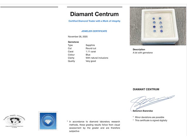 Saffier rond geslepen natuurlijke saffieren hoge kwaliteit 1.11 carat - afbeelding 3 van  3