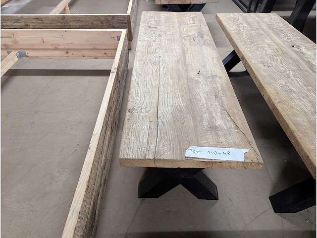 Salontafel rustiek eiken 150 x 50 x 45cm. metalen x onderstel - afbeelding 3 van  3
