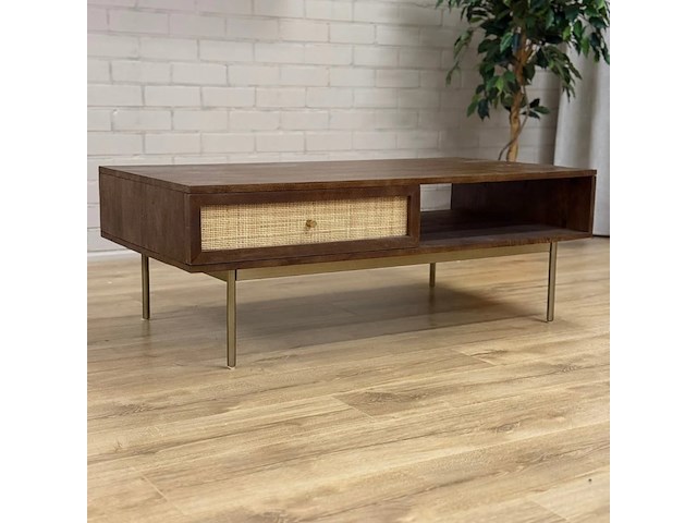 Salontafel, walnoot, mangohout + rattan - afbeelding 1 van  4