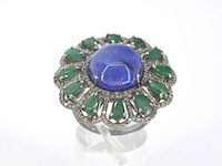 Samengestelde ring met een grote tanzaniet, emeralds en natuurlijke diamanten - afbeelding 6 van  10