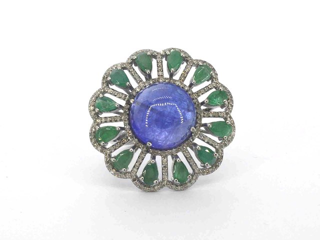 Samengestelde ring met een grote tanzaniet, emeralds en natuurlijke diamanten - afbeelding 1 van  9