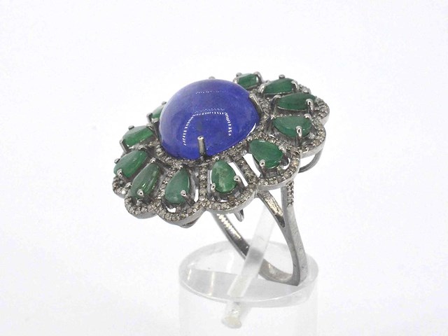 Samengestelde ring met een grote tanzaniet, emeralds en natuurlijke diamanten - afbeelding 7 van  9