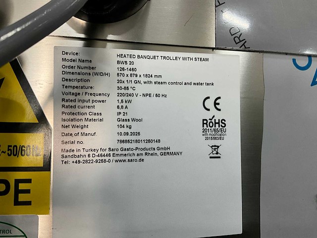 Saro bws 20 2025 verwarmde banketwagen met bevochtiging - afbeelding 5 van  6
