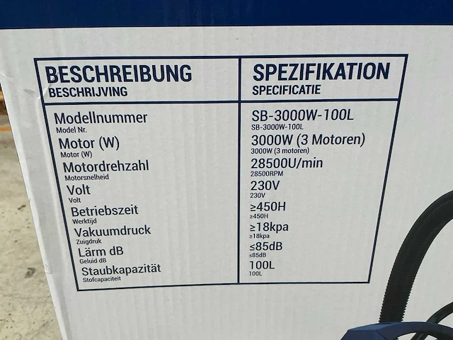 Sauber sb-3000w-100l industriële stofzuiger - afbeelding 3 van  3