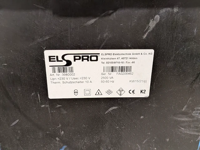 Scheidingstransformator 230v 2500va elspro, aachen 3980002, bouwjaar 2015 - afbeelding 4 van  4