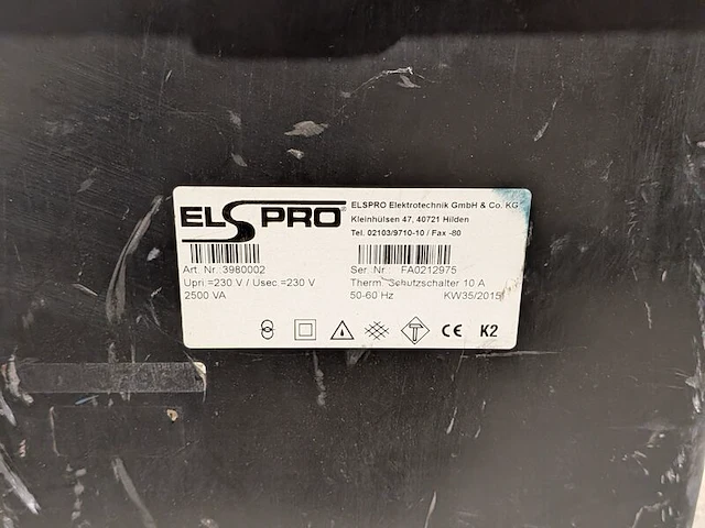 Scheidingstransformator 230v 2500va elspro, aachen 3980002, bouwjaar 2015 - afbeelding 4 van  4