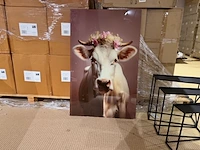 Schilderij gehard glas koe bloemenkrans homebound