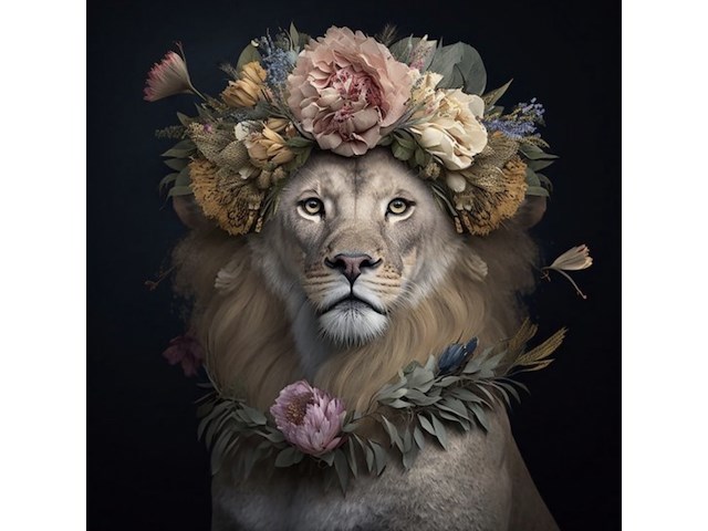 Schilderij gehard glas, leeuw bloemenkrans - afbeelding 1 van  1