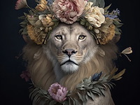 Schilderij gehard glas, leeuw bloemenkrans - afbeelding 1 van  1