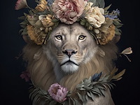 Schilderij gehard glas, leeuw bloemenkrans - afbeelding 1 van  1