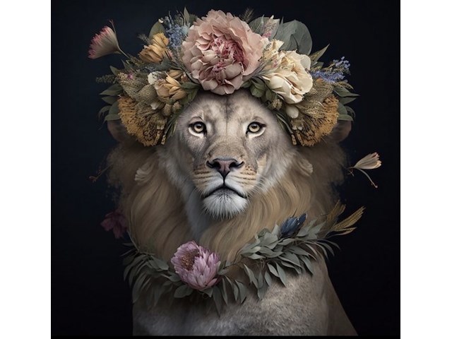 Schilderij gehard glas, leeuw bloemenkrans - afbeelding 1 van  1