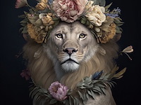 Schilderij gehard glas, leeuw bloemenkrans - afbeelding 1 van  1
