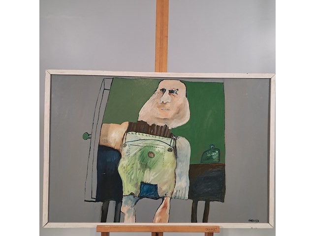 Schilderij, j. de bruin, man op tafel met fles - afbeelding 1 van  7