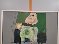 Schilderij, j. de bruin, man op tafel met fles - afbeelding 1 van  7