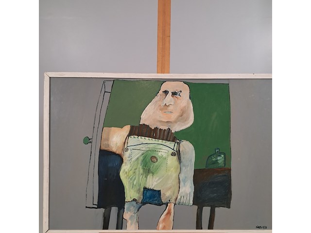 Schilderij, j. de bruin, man op tafel met fles - afbeelding 2 van  7