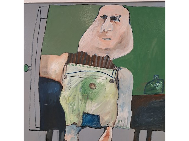 Schilderij, j. de bruin, man op tafel met fles - afbeelding 3 van  7