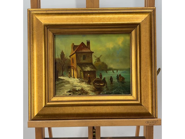Schilderij op paneel, 'schaats tafereel' - afbeelding 1 van  8