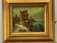 Schilderij op paneel, 'schaats tafereel' - afbeelding 1 van  8