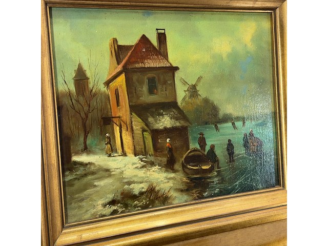 Schilderij op paneel, 'schaats tafereel' - afbeelding 2 van  8