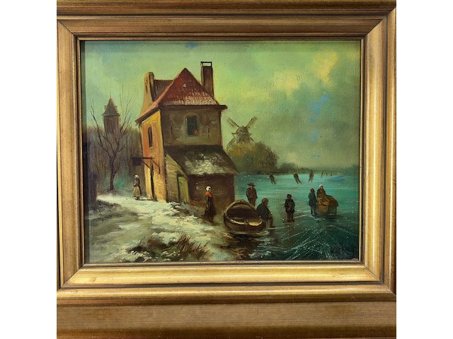 Schilderij op paneel, 'schaats tafereel' - afbeelding 6 van  8