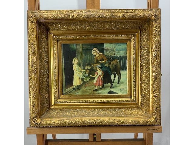 Schilderij, 'vrouw, 2 kinderen en een ezel' - afbeelding 1 van  9