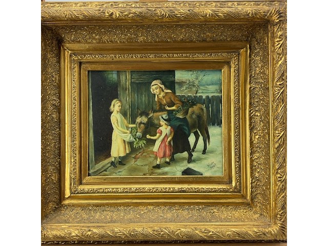 Schilderij, 'vrouw, 2 kinderen en een ezel' - afbeelding 2 van  9