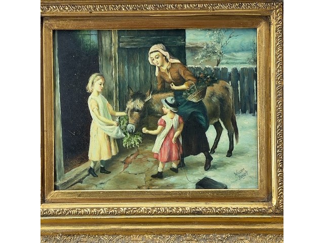 Schilderij, 'vrouw, 2 kinderen en een ezel' - afbeelding 3 van  9