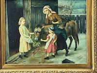 Schilderij, 'vrouw, 2 kinderen en een ezel' - afbeelding 3 van  9