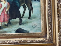 Schilderij, 'vrouw, 2 kinderen en een ezel' - afbeelding 4 van  9