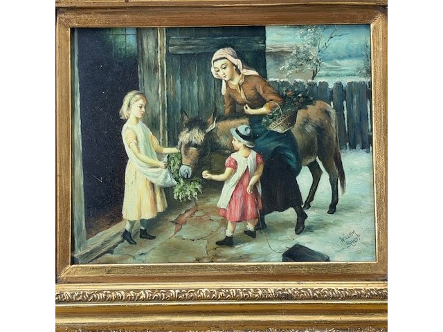 Schilderij, 'vrouw, 2 kinderen en een ezel' - afbeelding 5 van  9