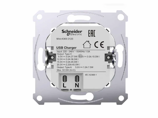 Schneider electric mtn4366-0120 usb charger 45w a+c (8x) - afbeelding 2 van  6