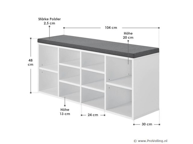Schoenenkast / schoenenrek 10 vakken - 104 x 30 x 48 cm - wit - incl. zitkussen - afbeelding 2 van  10