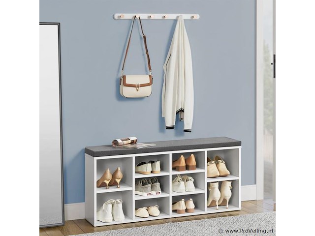 Schoenenkast / schoenenrek 10 vakken - 104 x 30 x 48 cm - wit - incl. zitkussen - afbeelding 3 van  10