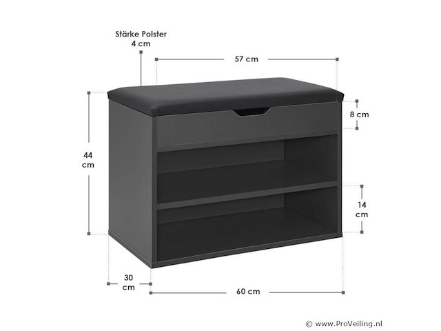 Schoenenkast / schoenenrek 2 vakken - 60 x 30 x 44 cm - donkergrijs - incl. zitkussen - afbeelding 2 van  10